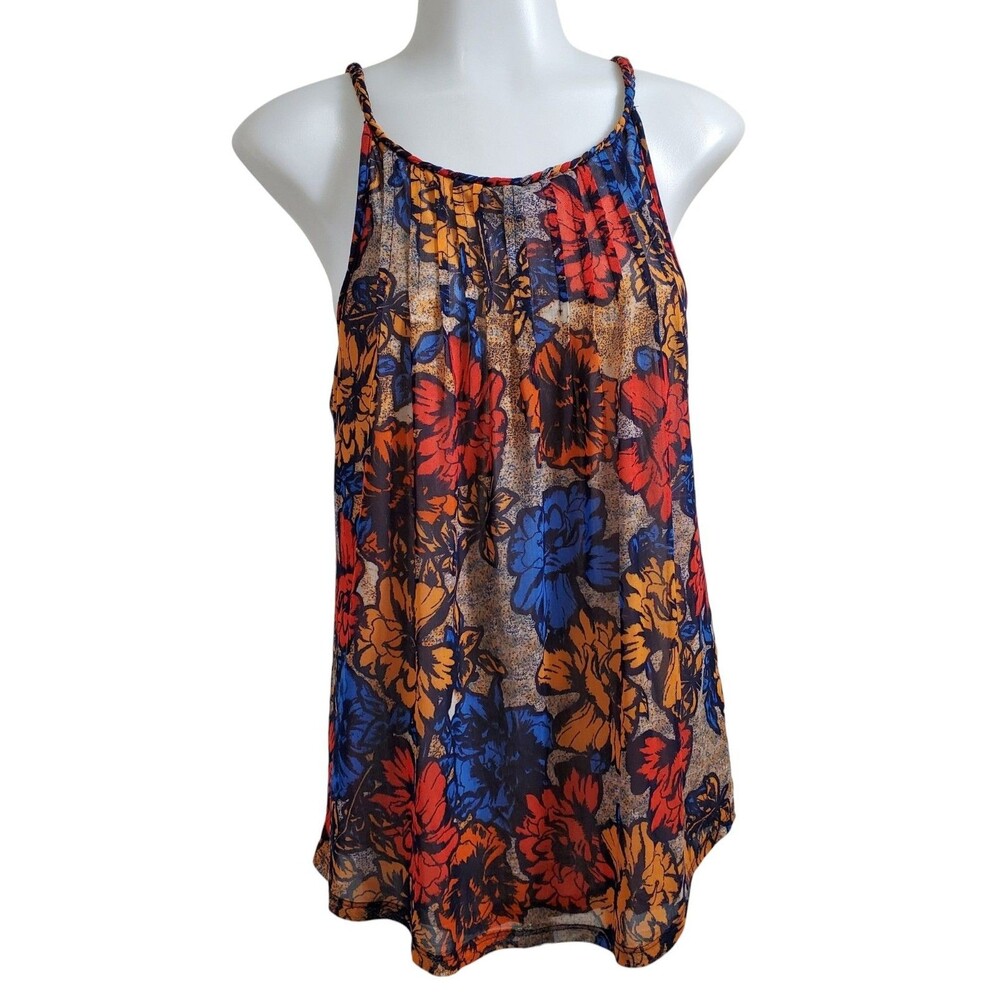 RW & Co Floral Halter Top Size S/P With Braided Neckline and Keyhole Back